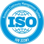 ISO 22301 business continuity certification badge ensuring operational resilience and disaster recovery readiness